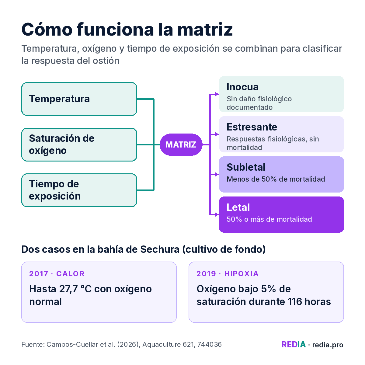 Esquema de la Matriz de Respuesta Biológica: temperatura, saturación de oxígeno y tiempo de exposición se combinan para clasificar la respuesta del ostión en cuatro categorías (inocua, estresante, subletal y letal). Incluye los casos de Sechura 2017, con calor de hasta 27,7 °C, y 2019, con oxígeno bajo 5% de saturación durante 116 horas.